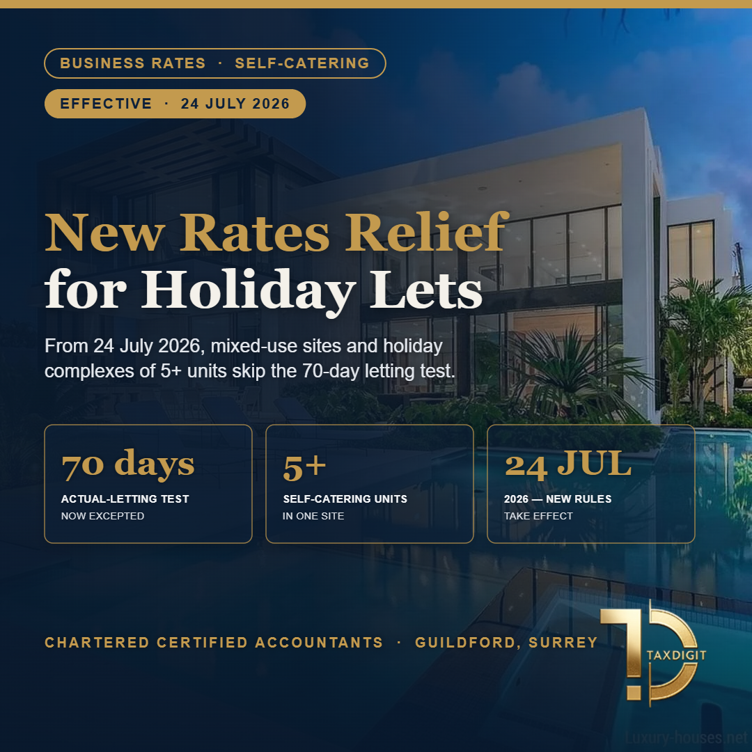 Self-catering holiday lets business rates 70-day letting test exception from 24 July 2026 - TaxDigit accountants in Surrey