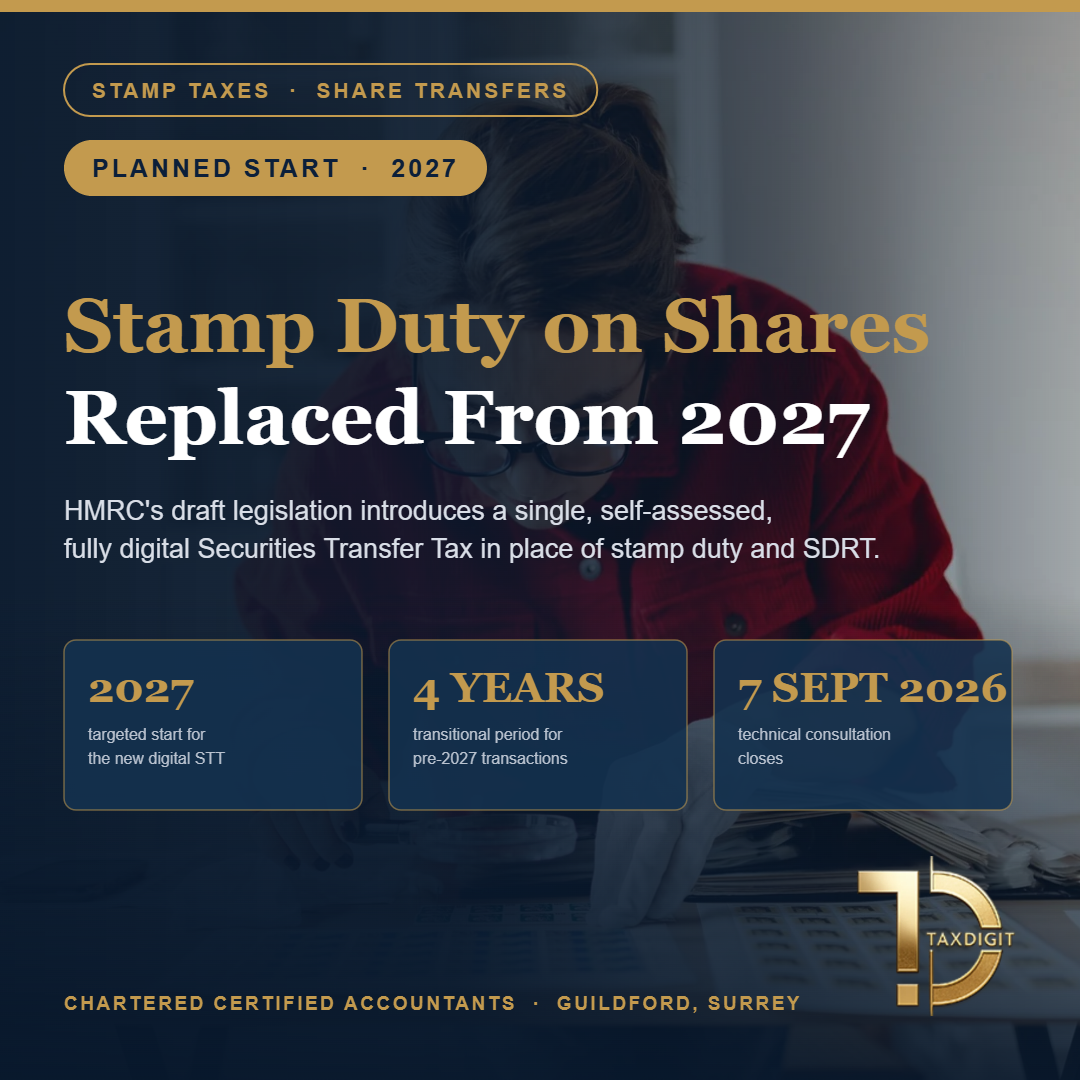 Securities Transfer Tax to replace stamp duty and SDRT from 2027 with a four-year transitional period - TaxDigit accountants in Surrey