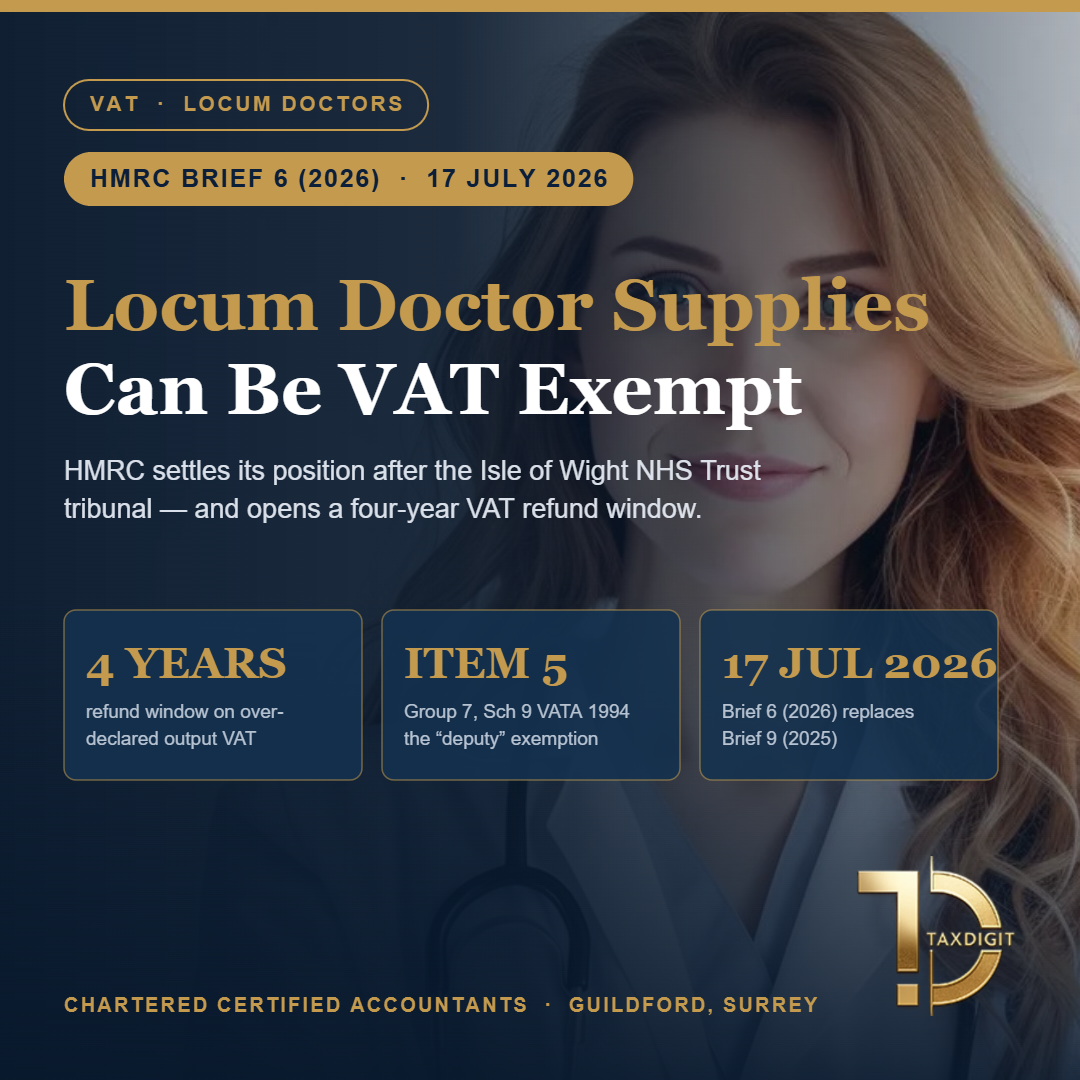 Locum doctor VAT exemption under HMRC Brief 6 (2026) - TaxDigit accountants in Surrey