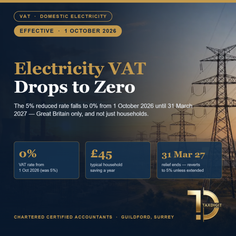VAT on qualifying domestic electricity cut from 5% to 0% from 1 October 2026 to 31 March 2027 - TaxDigit accountants in Surrey