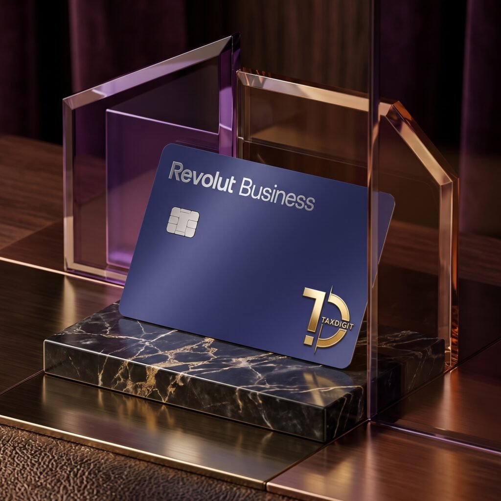Revolut Business card co-branded with the TaxDigit logo, displayed on a marble plinth