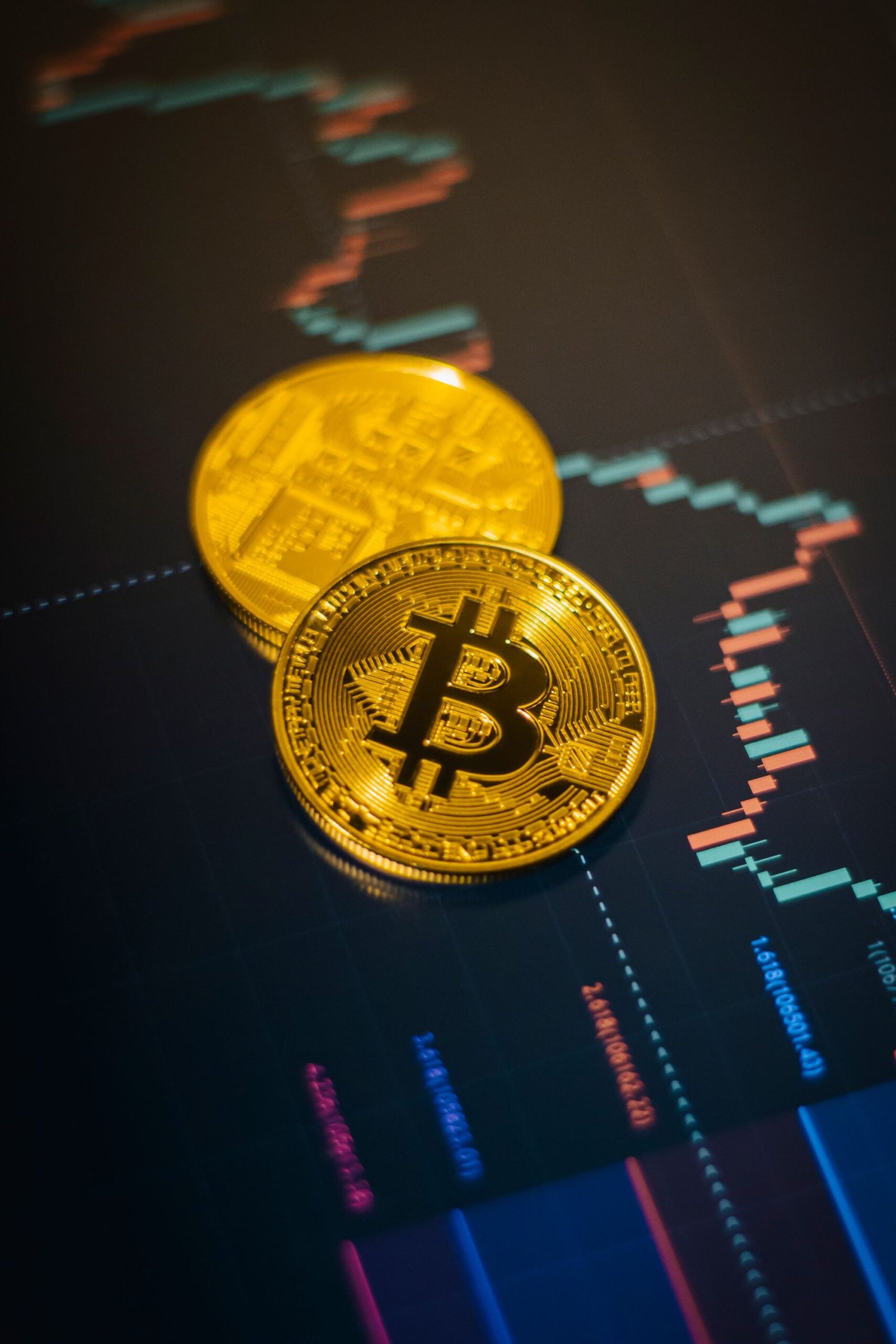 Gold Bitcoin coins on a candlestick trading chart, representing DeFi positions and market value