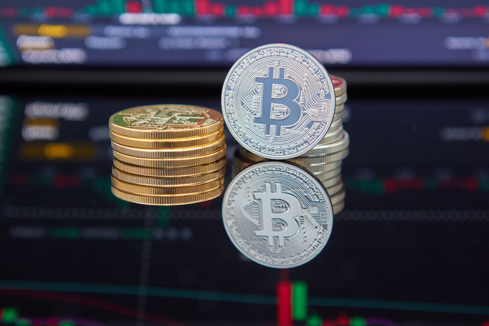 Stacked crypto coins in front of a live trading chart, representing liquidity pools and yield