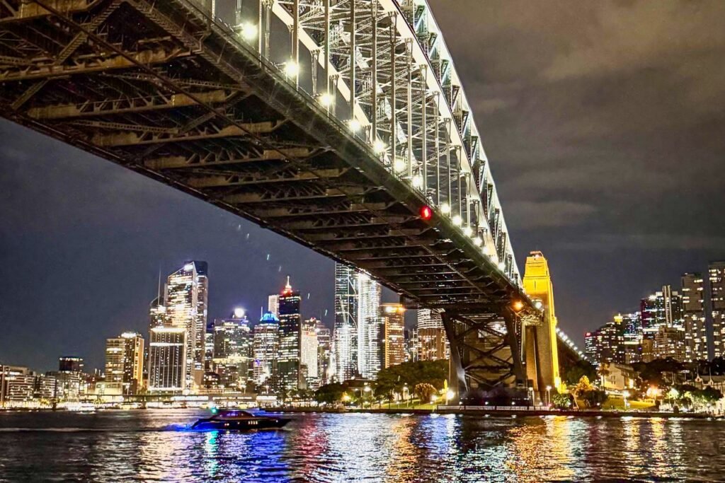 Sydney Harbour Bridge and city skyline at night