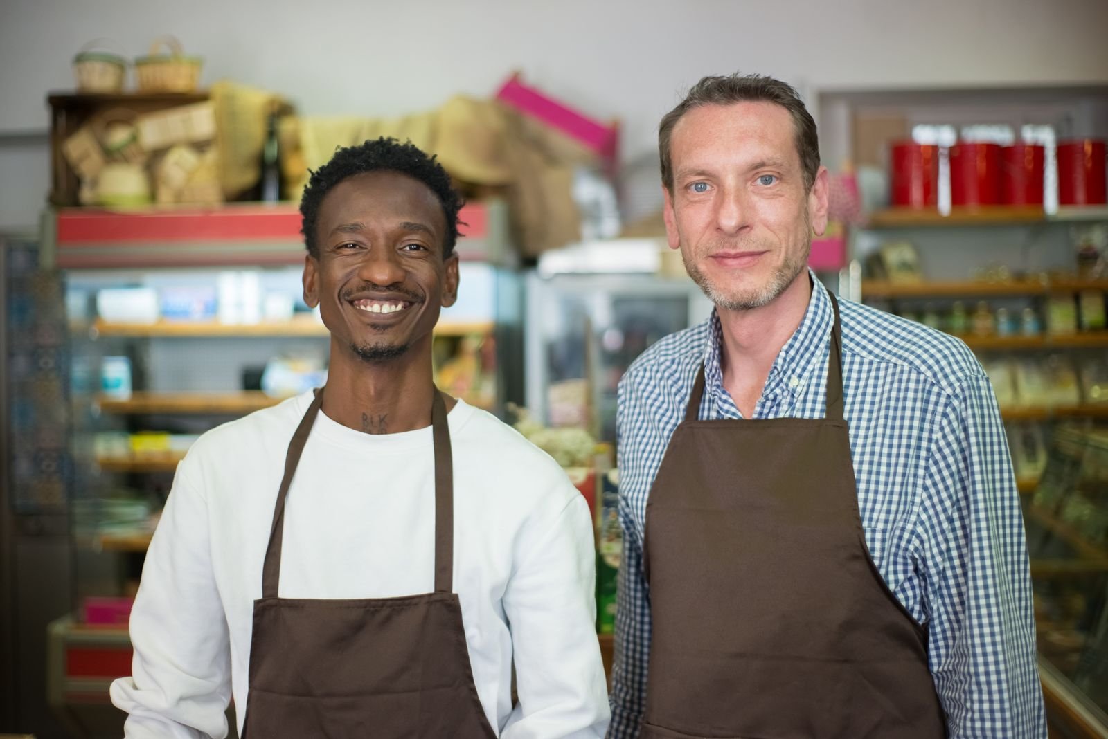 Two grocery store owners in aprons behind the counter — TaxDigit Somali business accountancy