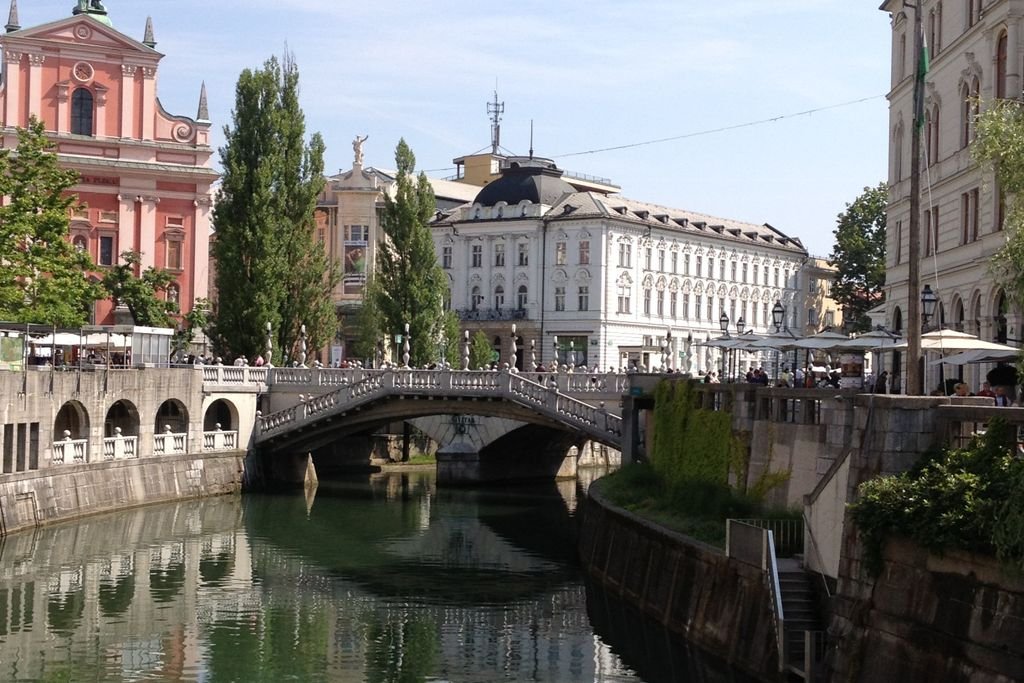 Riverfront and Triple Bridge in Ljubljana, Slovenia